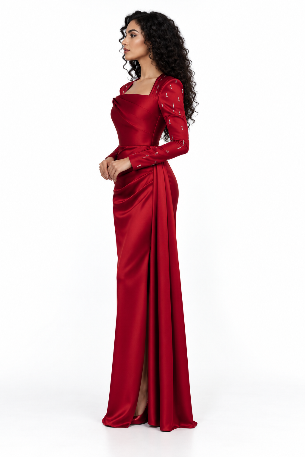 Ruched Satin Draped Sleeve Evening Gown - Crimson