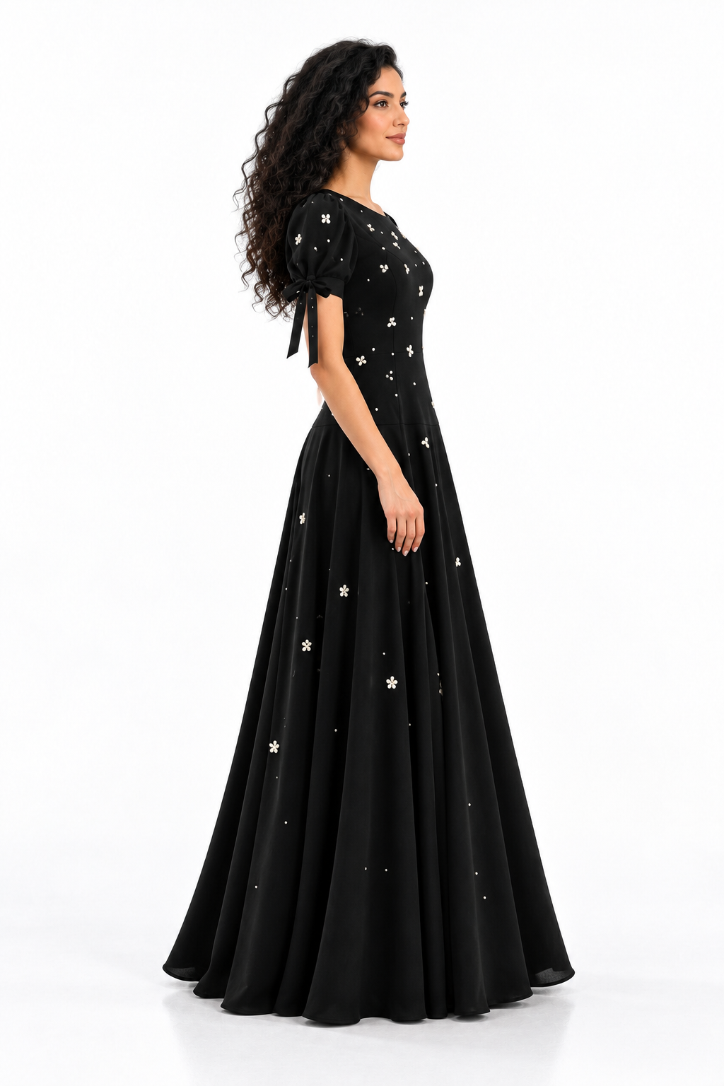 Embellished Bow Sleeve A-Line Evening Dress - Starlisse