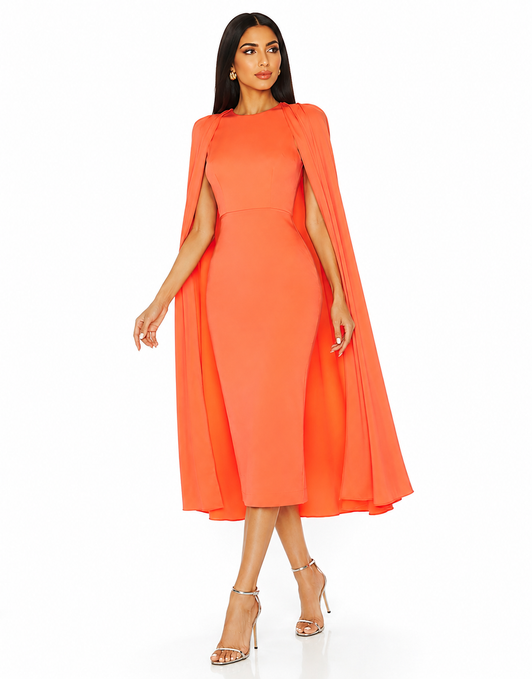 Draped Cape Midi Dress – Coral