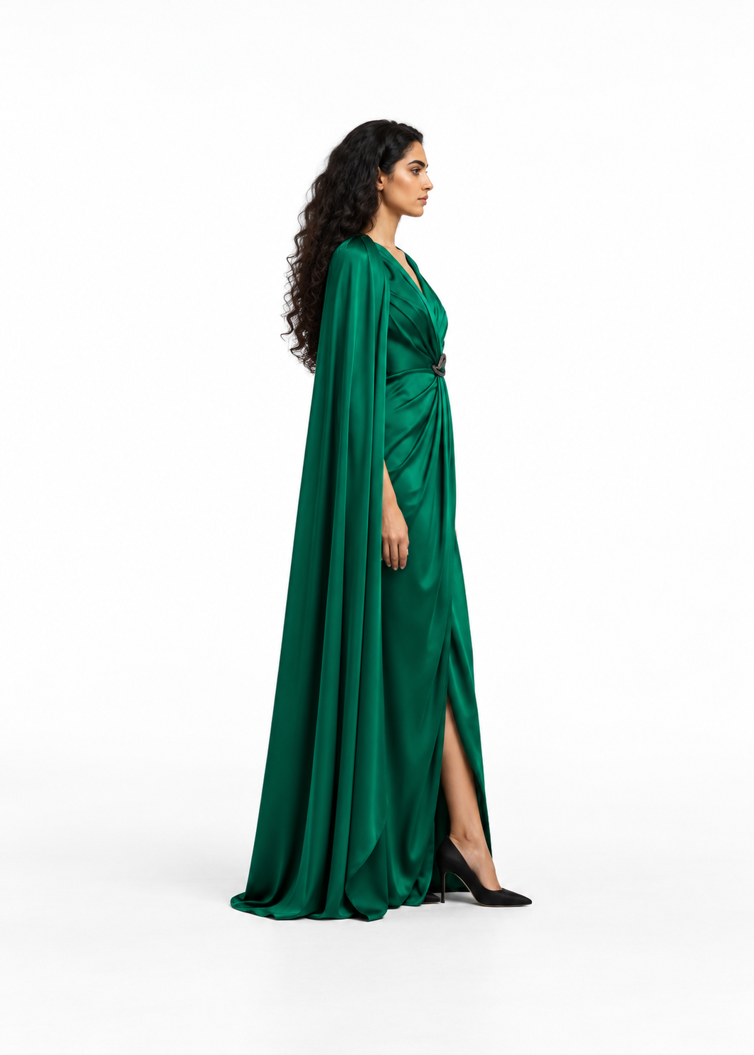 Draped V-Neck Cape Evening Gown - Emerisse