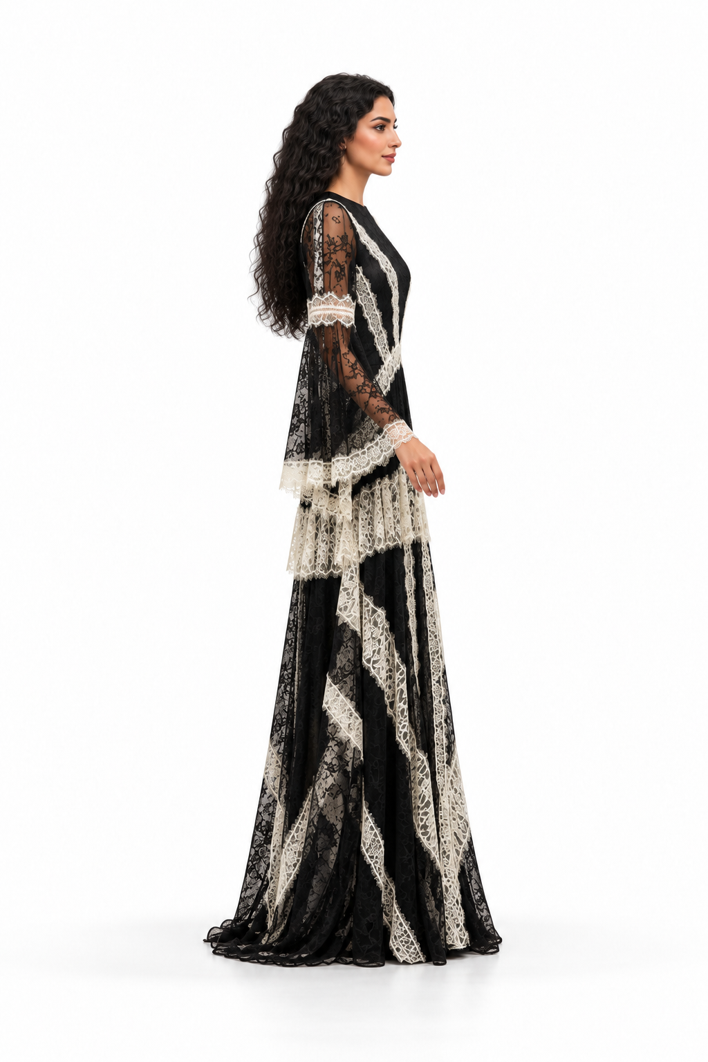 Contrast Lace Bell Sleeve Evening Gown - Chantelle