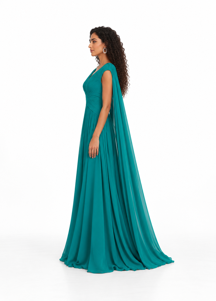 Ruched V-Neck Chiffon Evening Gown - Tealoria