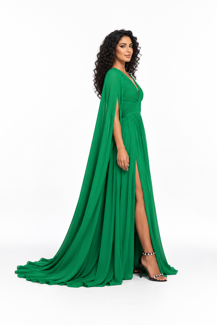 Ruched V-Neck Cape Evening Gown - Sylvara