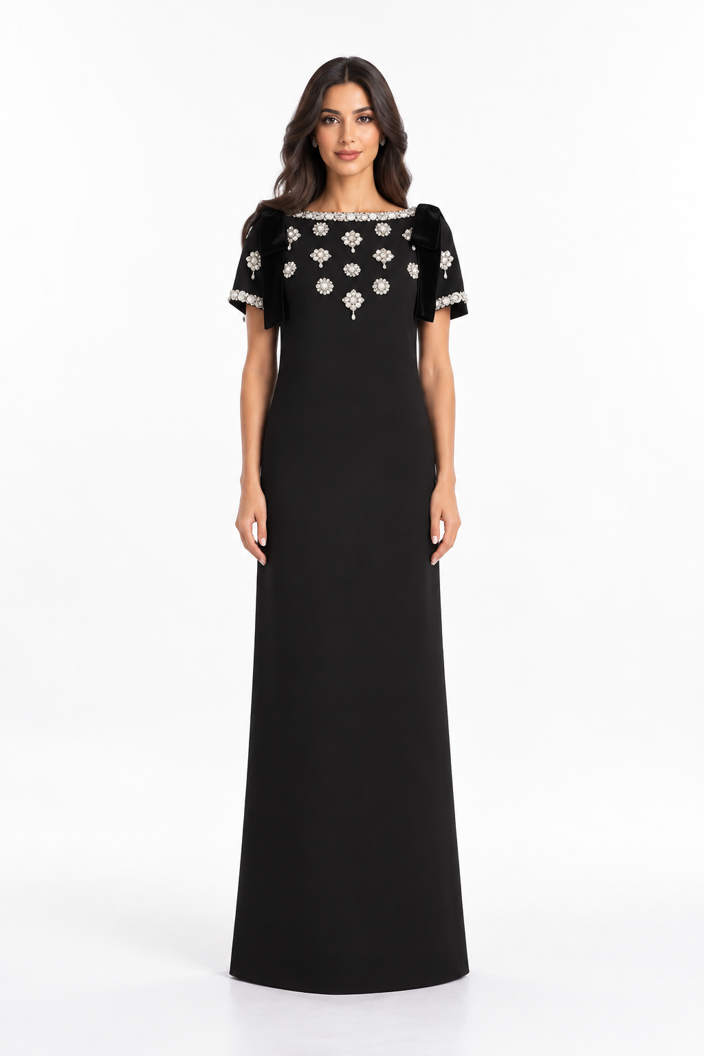 Black Crystal Embellished Bow Sleeve Maxi Dress - Diana