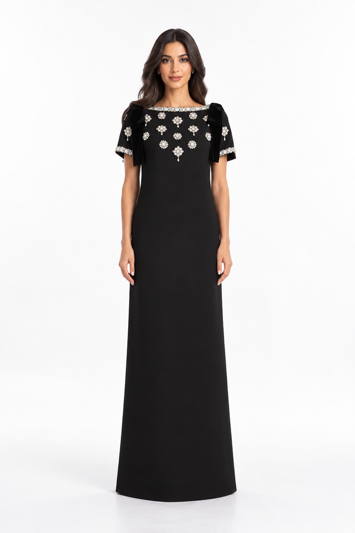 Black Crystal Embellished Bow Sleeve Maxi Dress - Diana