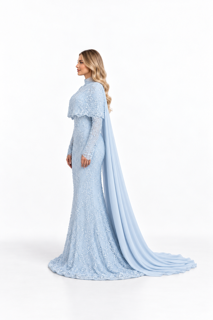Embellished Cape Gown with Draped Train - Velmora