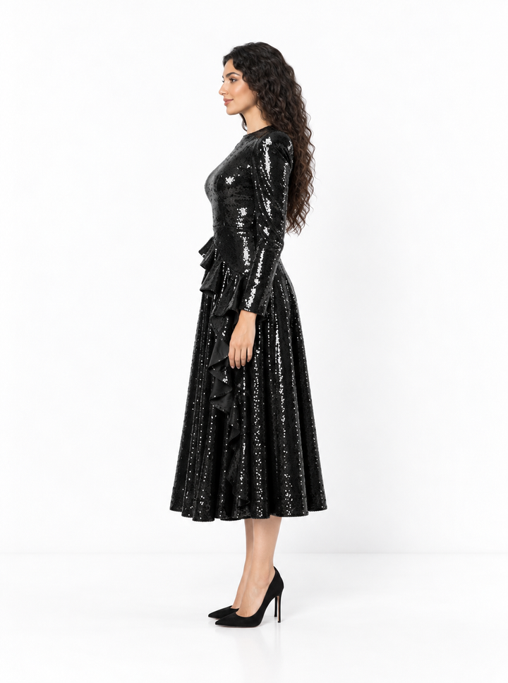 Sequin Ruffle Waist Midi Dress - Onyxia