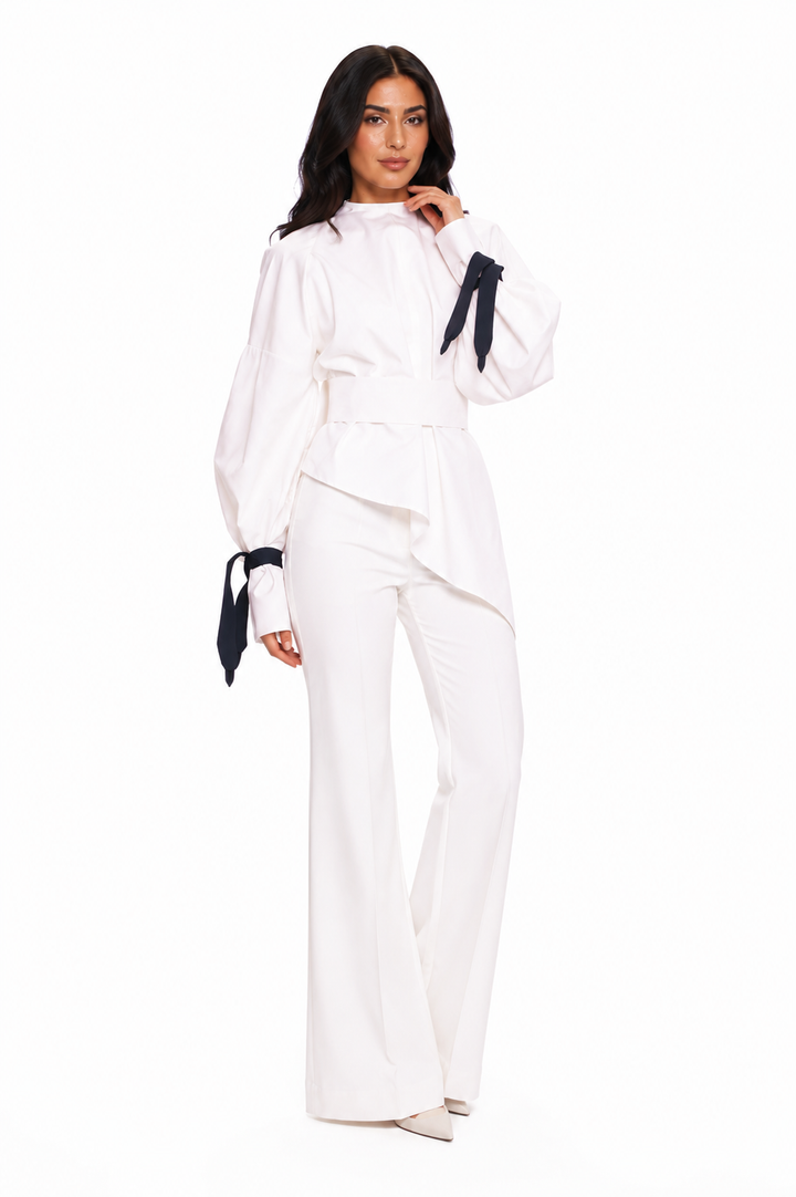 Balloon-Sleeve Tie-Cuff Blouse – Blush