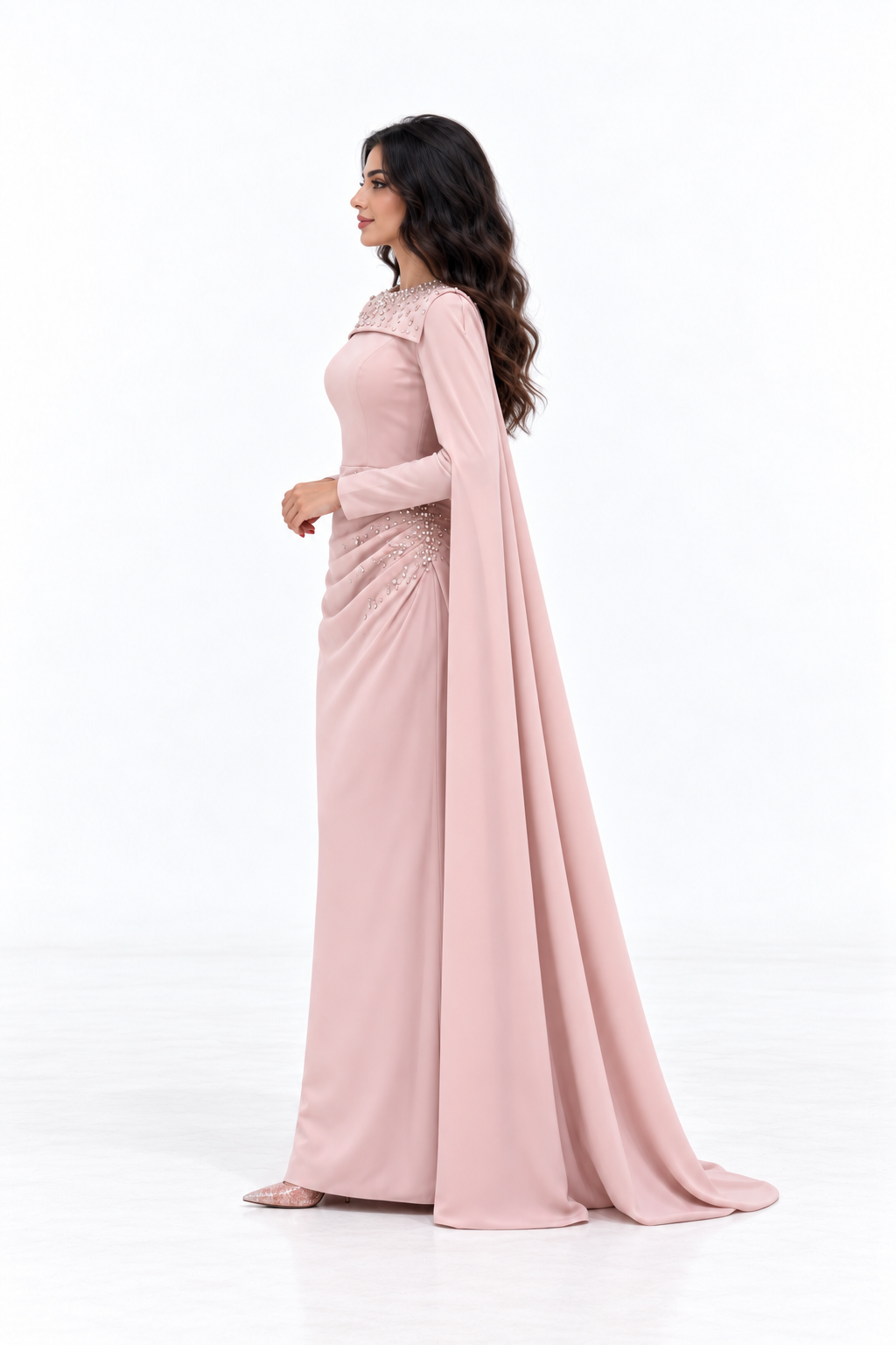 Embellished Cape Draped Evening - Rosavelle
