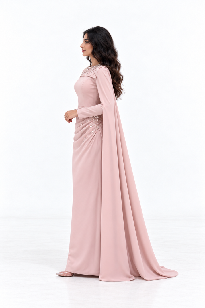 Embellished Cape Draped Evening - Rosavelle