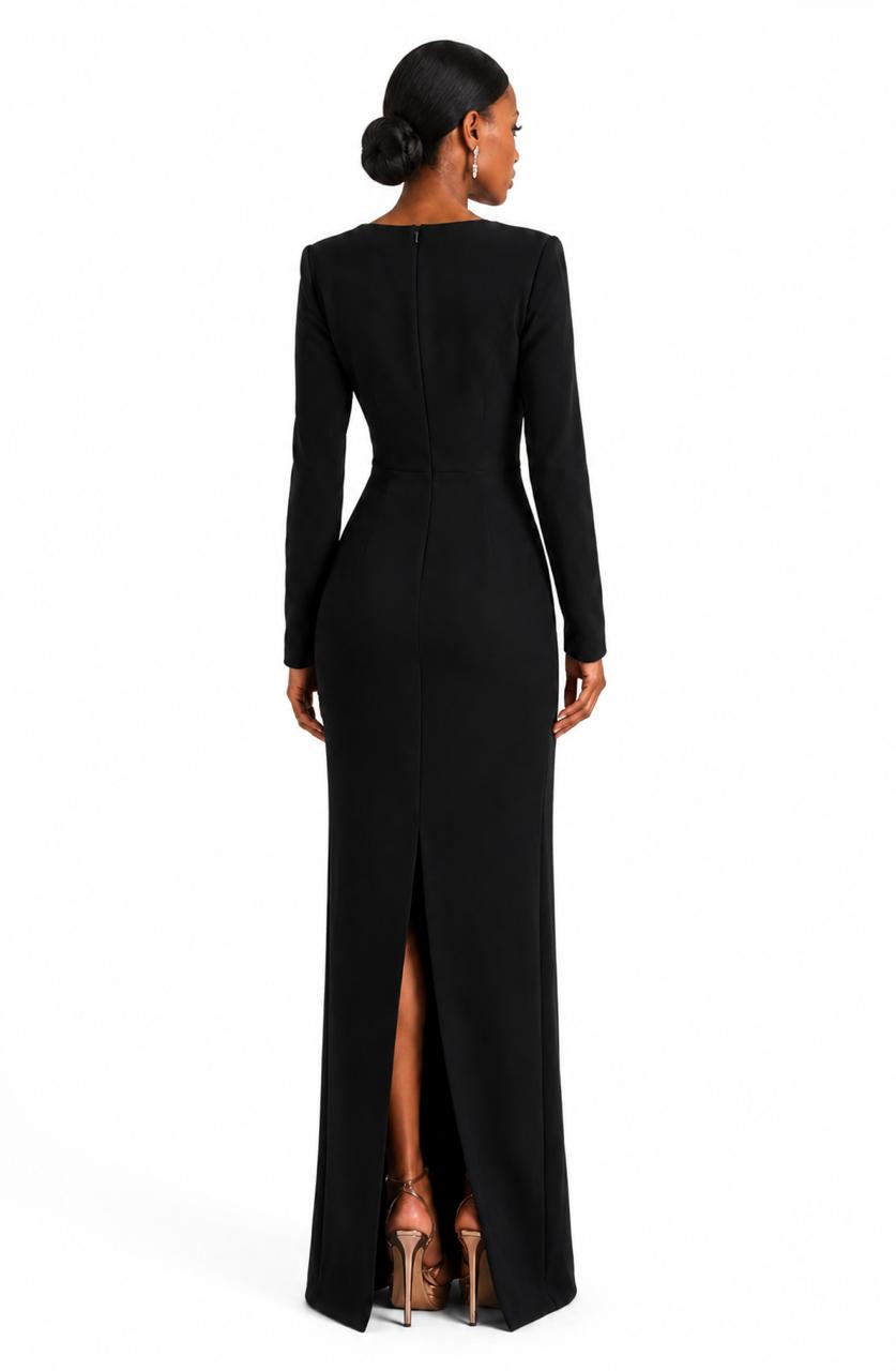 Black Floral-Appliqué Long Sleeve Gown – Obsidian