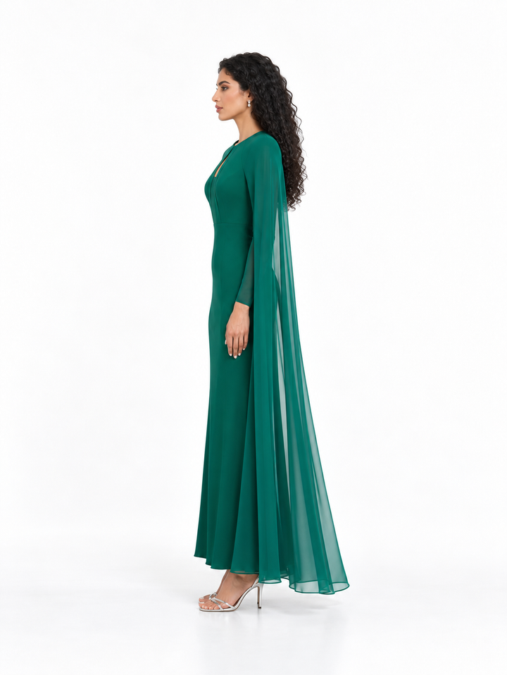 Keyhole Cape Sleeve Evening Gown - Verdancia