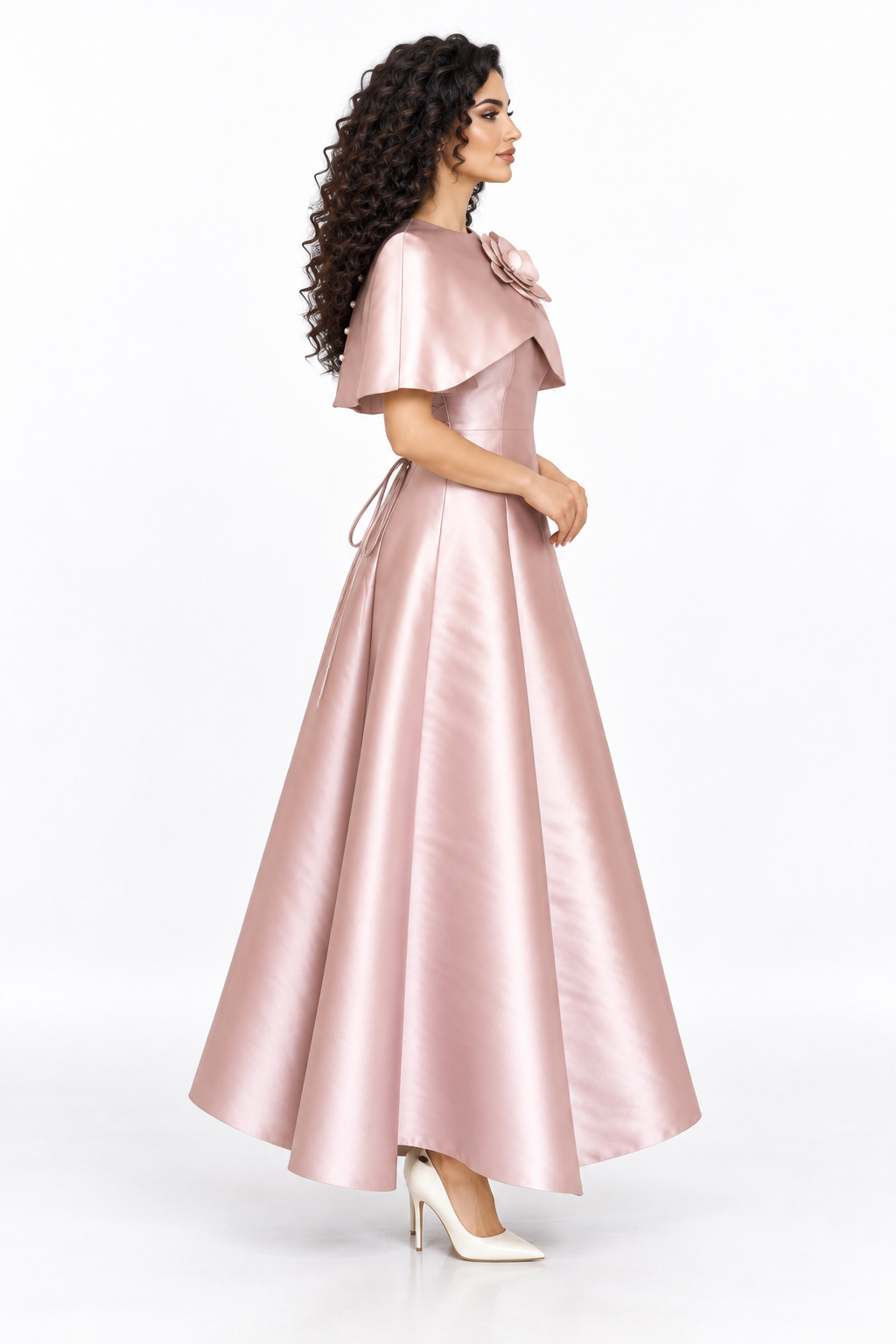 Floral Collar Satin Midi - Rosette