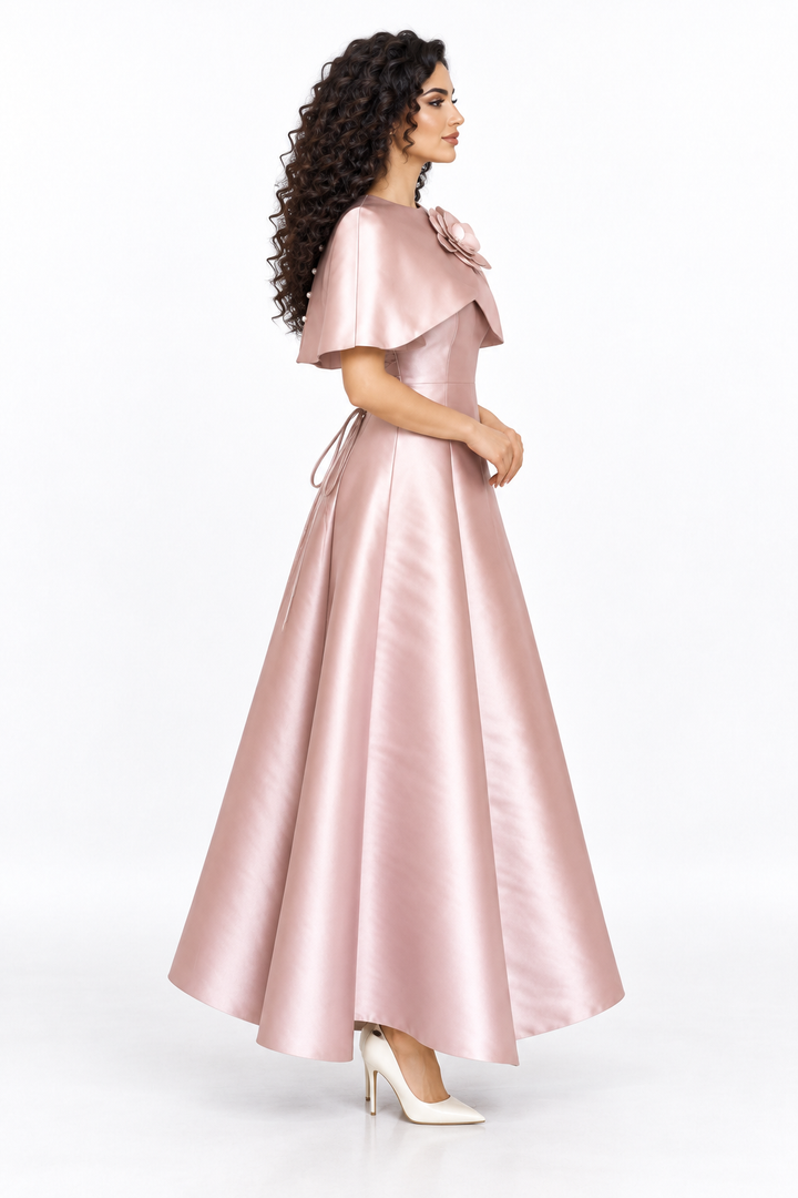 Floral Collar Satin Midi - Rosette