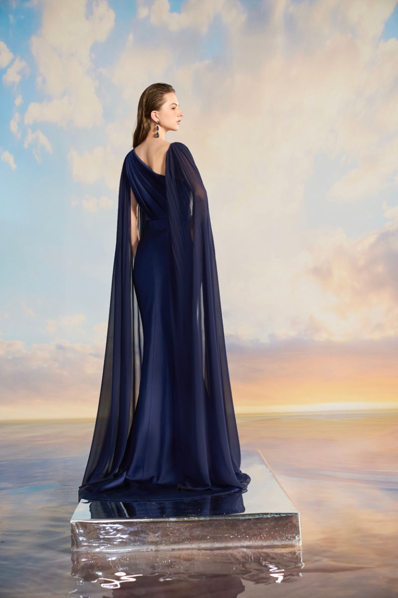 one-shoulder embellished gown with sheer cape – MIDNIGHTE