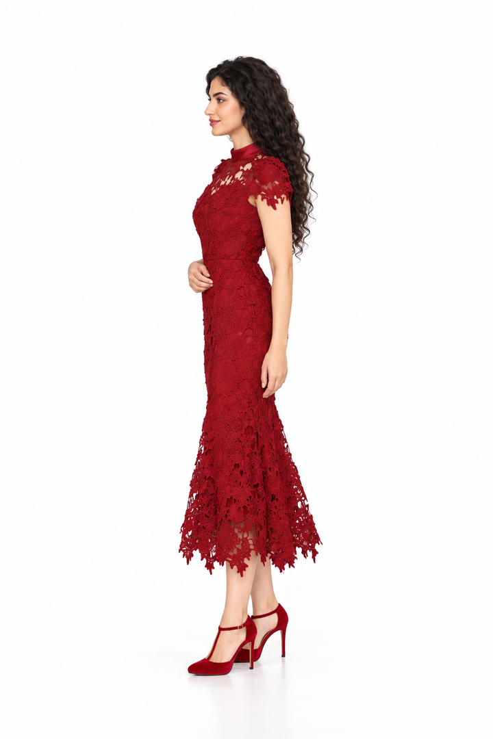High-Neck Lace Midi Dress - Crimsonelle