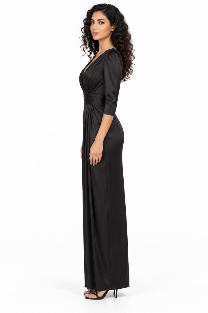 Ruched V-Neck Satin Evening Gown - Nocturne