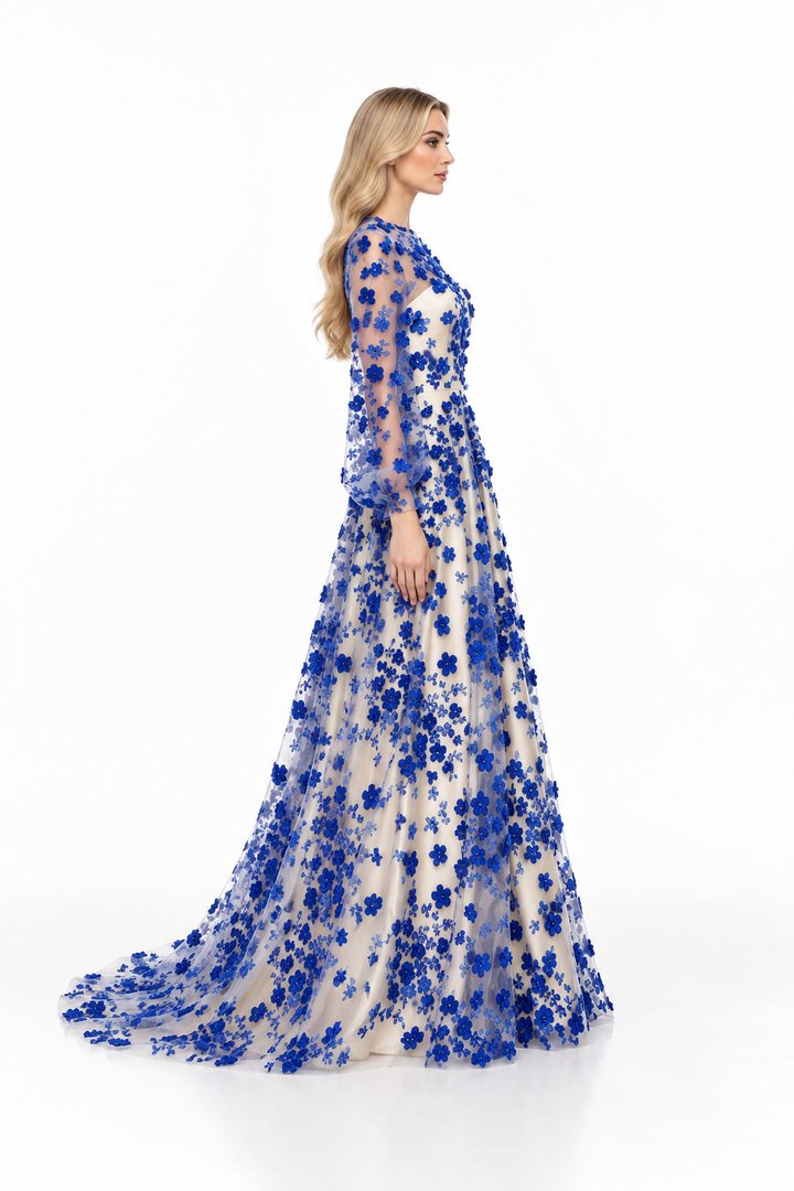 Floral Appliqué Sheer Sleeve Evening Gown - Azurielle