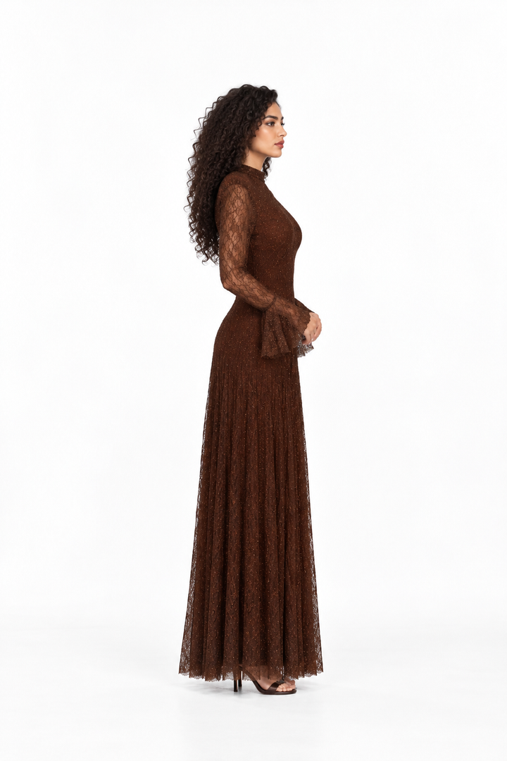 Shimmer Lace High-Neck Evening Gown - Brunelle