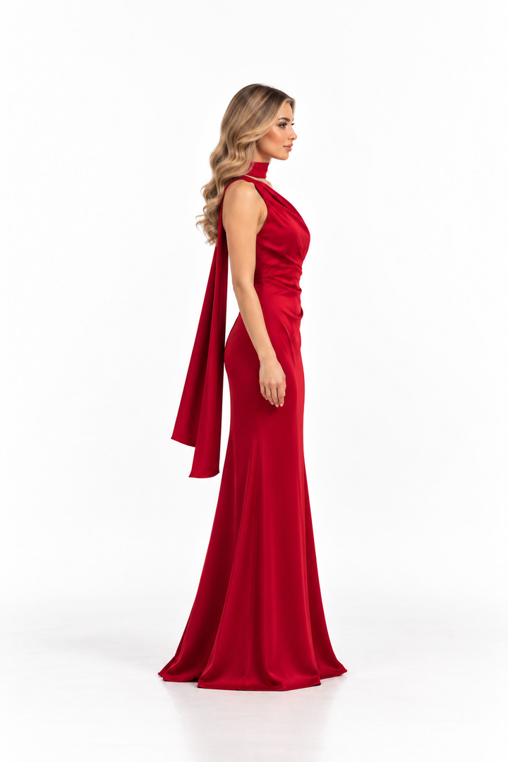 One-Shoulder Satin Gown with Draped Scarf - Valerisse