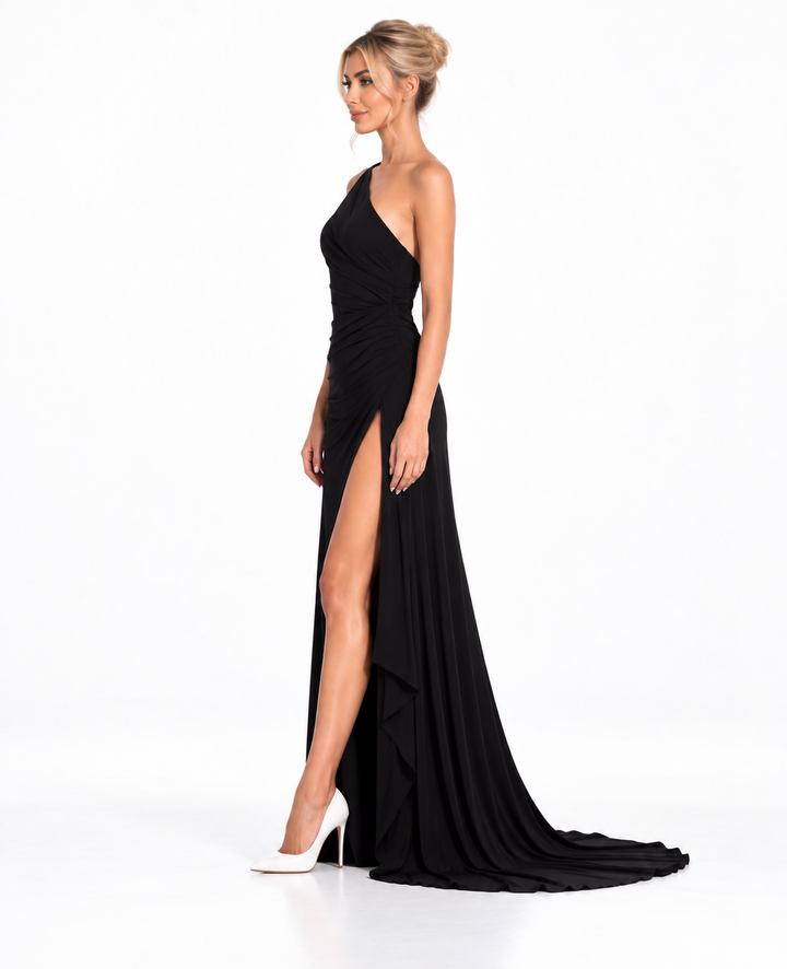 One Shoulder Ruched Slit Maxi Dress – Valenne