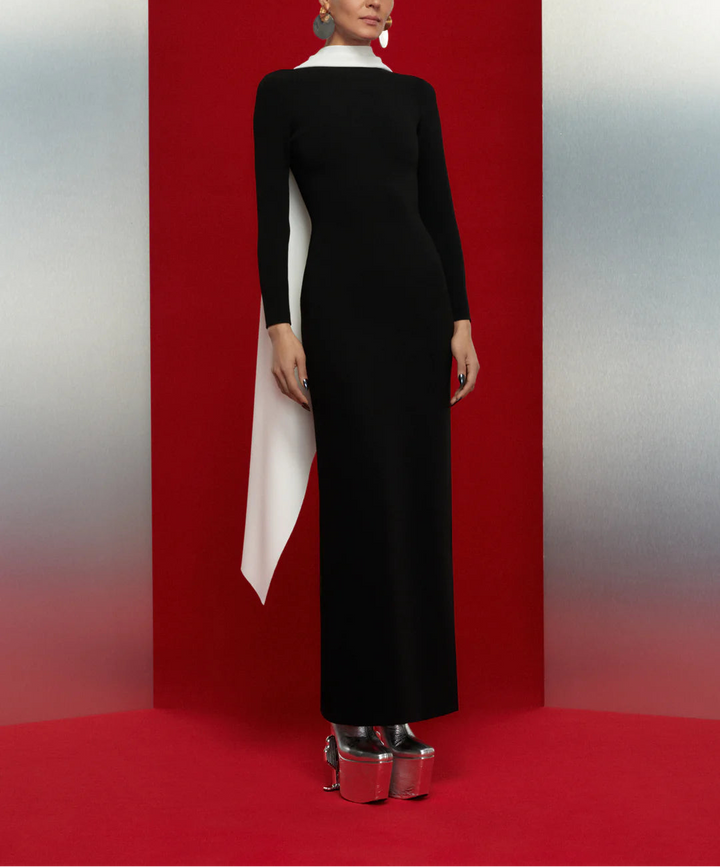 long-sleeve column gown with contrast draped scarf – LUISA