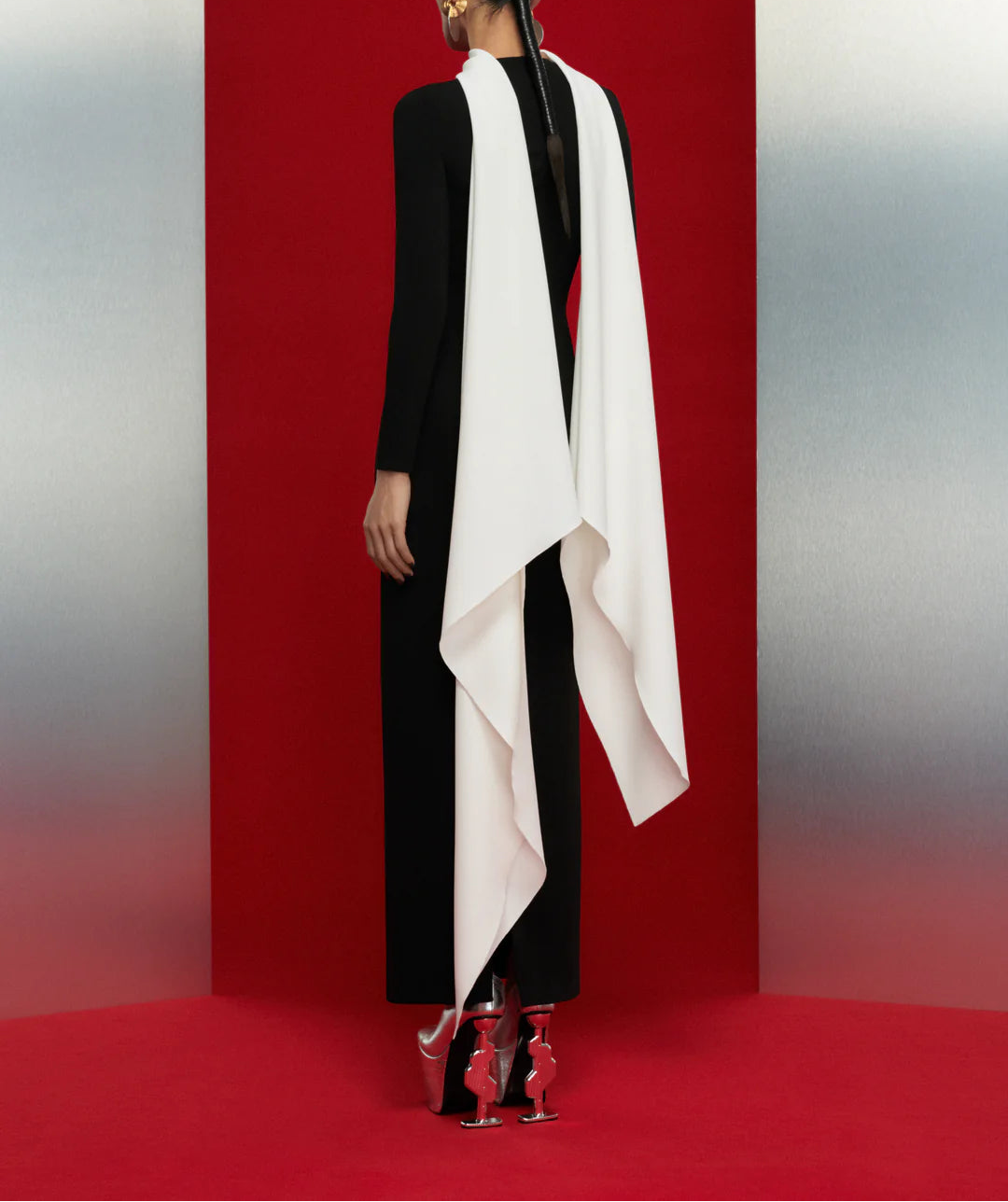 long-sleeve column gown with contrast draped scarf – LUISA
