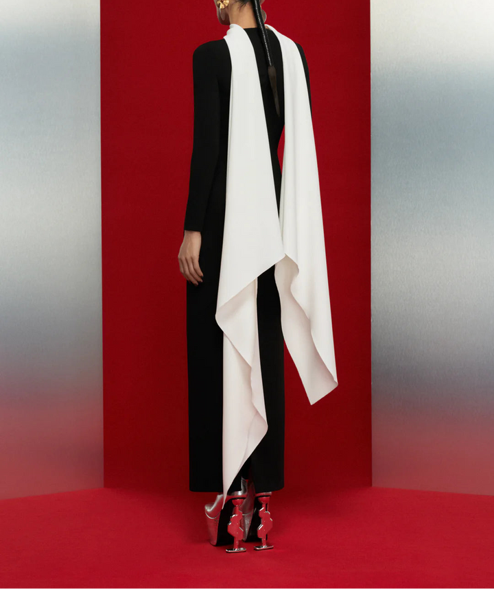 long-sleeve column gown with contrast draped scarf – LUISA