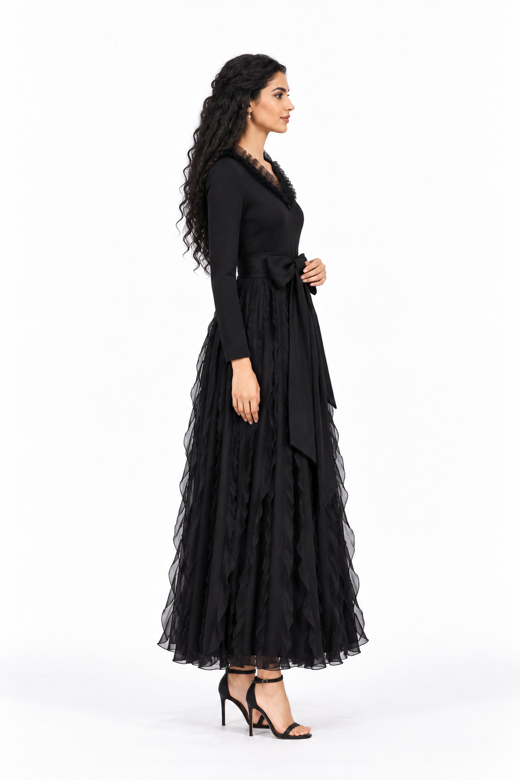 Feather Neckline Layered Midi Dress - Noiresta