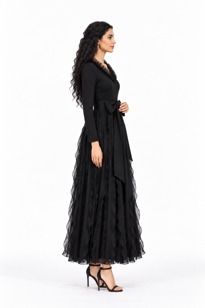 Feather Neckline Layered Midi Dress - Noiresta