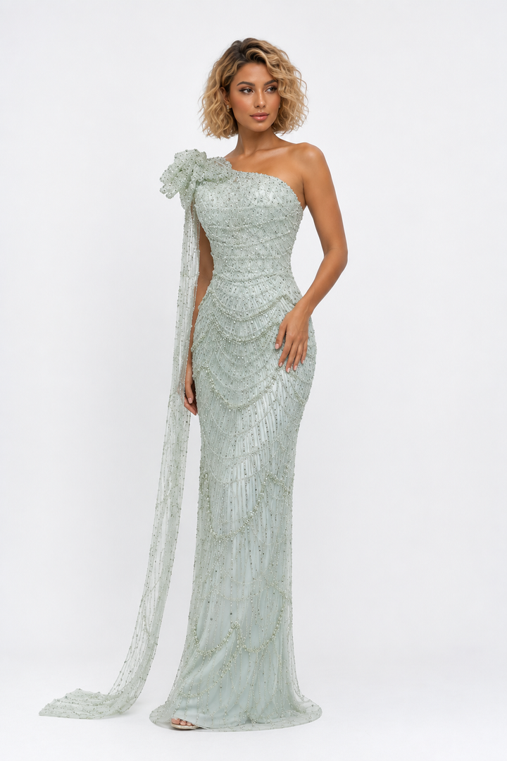 One-Shoulder Crystal Draped Gown – MINTARA