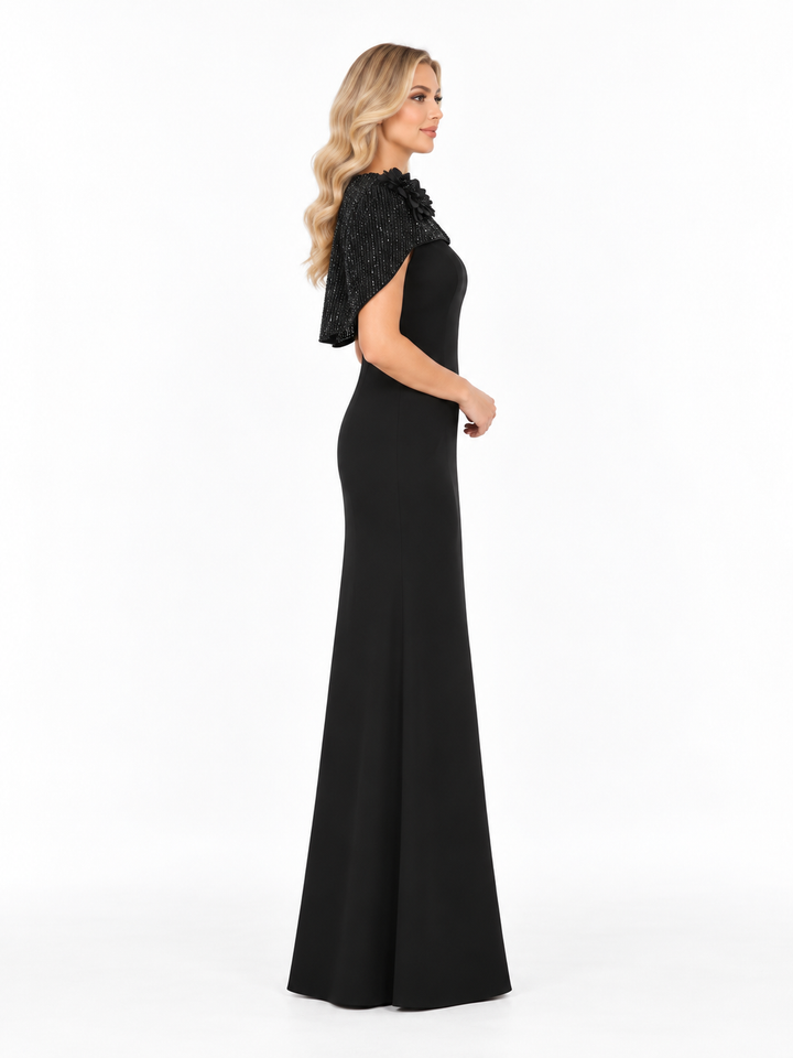 Embellished Cape Shoulder Column Maxi Dress – Lucienne