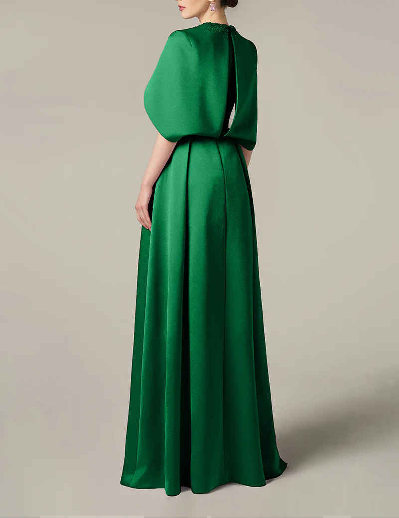 embellished cape gown in emerald satin – VERDELLA