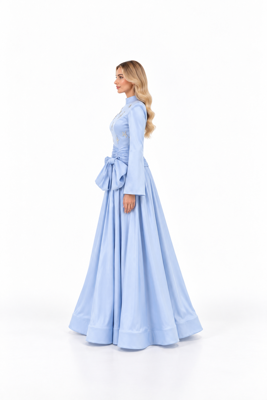 High-Neck Draped Bow Gown with Embellished Bodice - Celmira