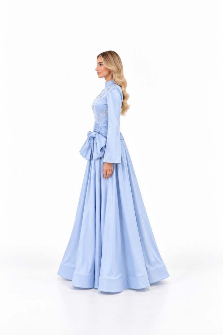 High-Neck Draped Bow Gown with Embellished Bodice - Celmira
