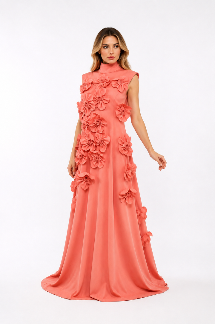 Floral Appliqué A-Line Gown – Rose
