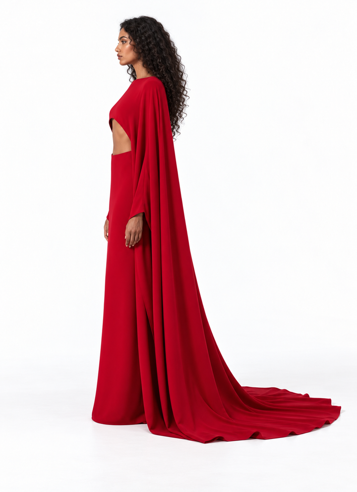 Cutout Cape Sleeve Evening Gown - Crimsona