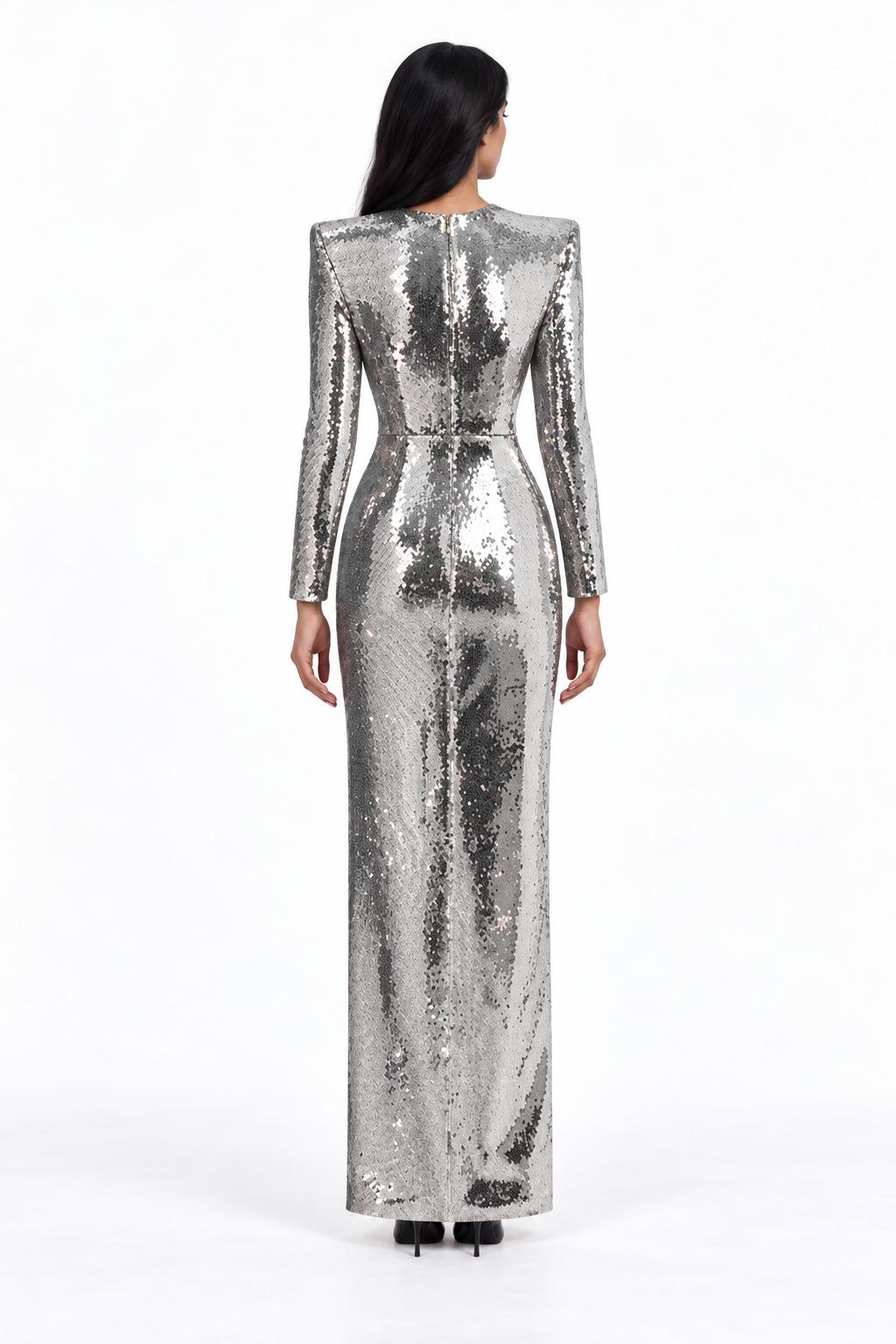 Metallic Long Sleeve Column Maxi Dress – Argentia