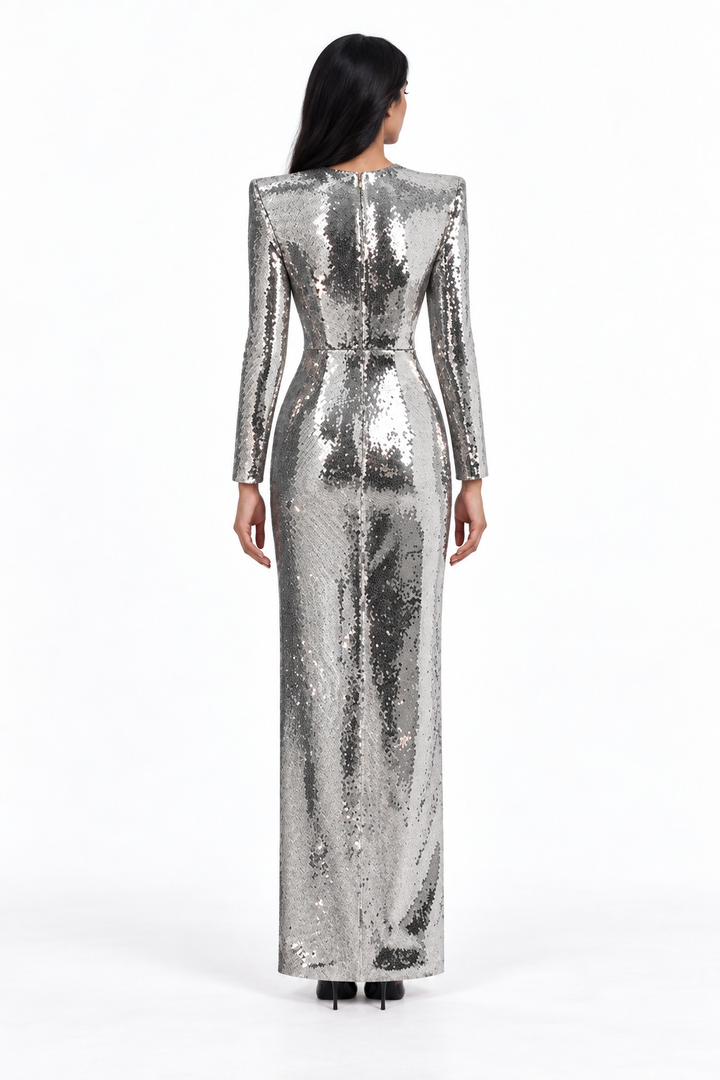 Metallic Long Sleeve Column Maxi Dress – Argentia