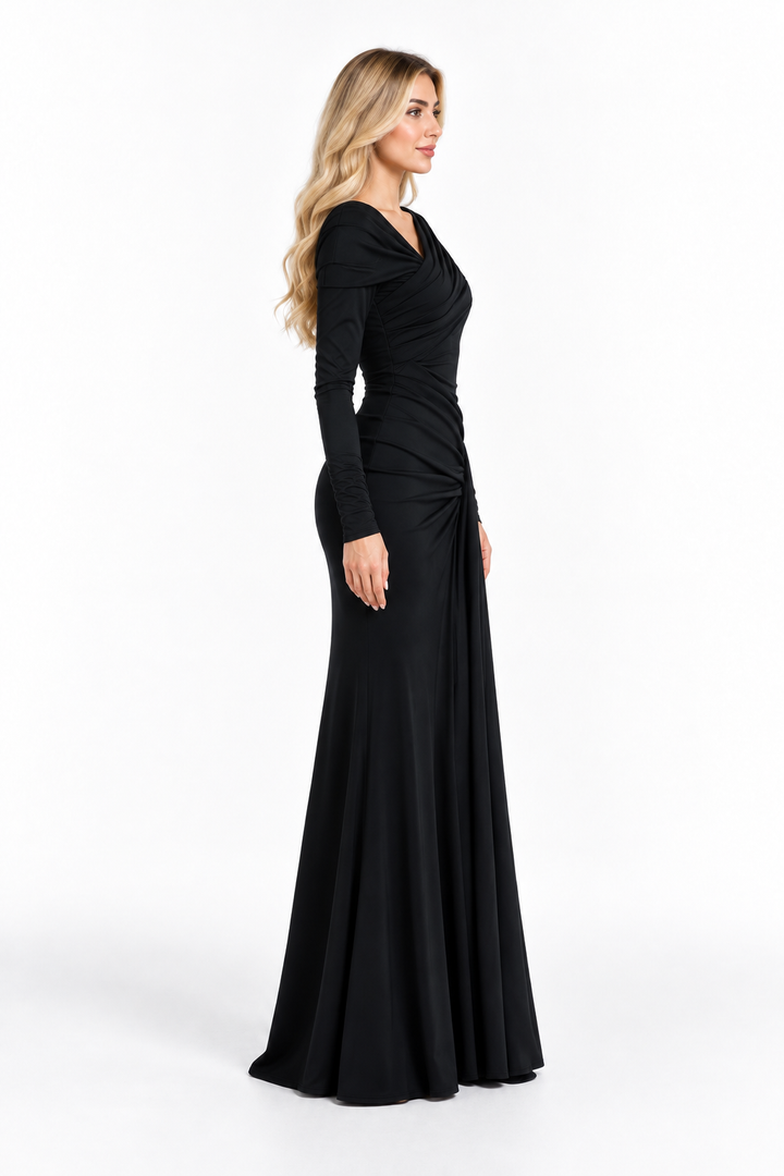 Black Draped Off-Shoulder Maxi Dress - Selene