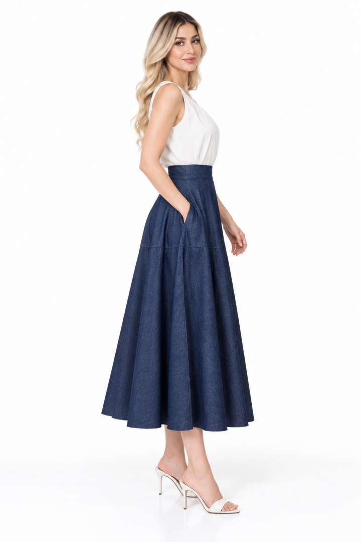 High Waist A-Line Denim Midi Skirt – Navelle