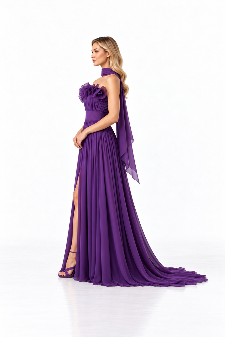 Ruffle Bodice Scarf Evening Gown - Amethystia