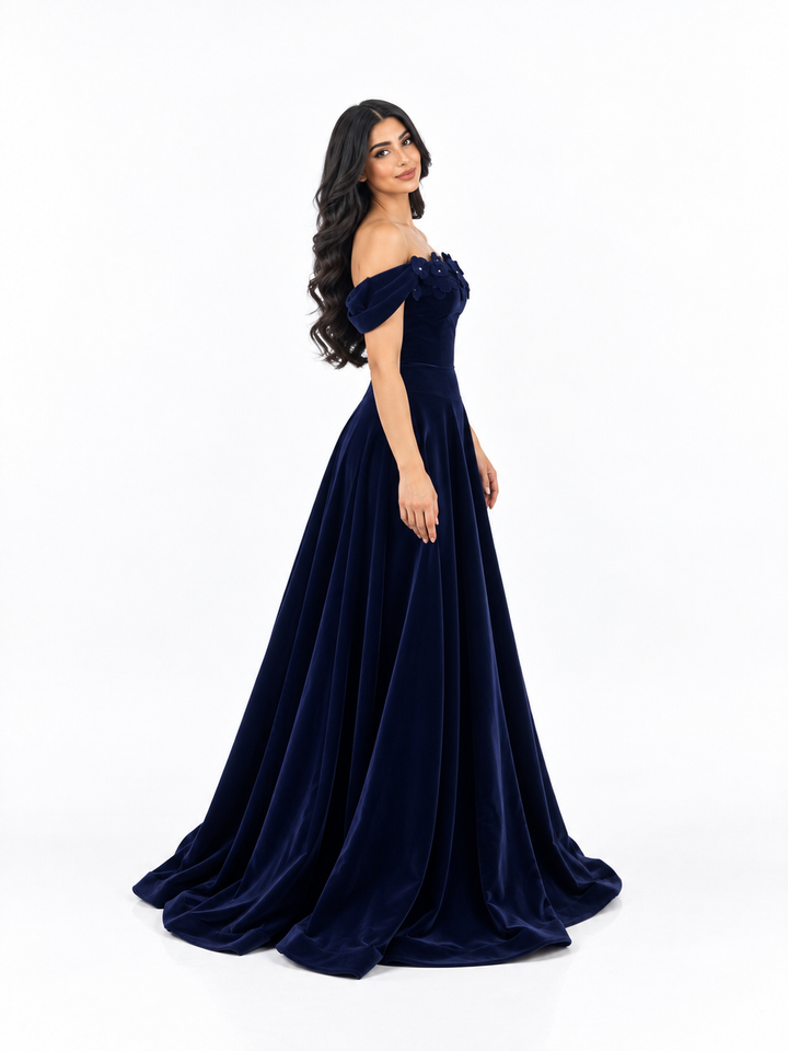 Velvet Off-Shoulder Floral Gown - Midnight