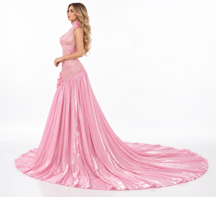 Embroidered Halter Grand Train - Pinkora