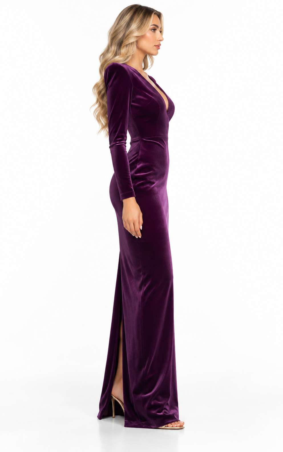 Deep Plum Velvet Structured Shoulder Maxi Dress - Valeria