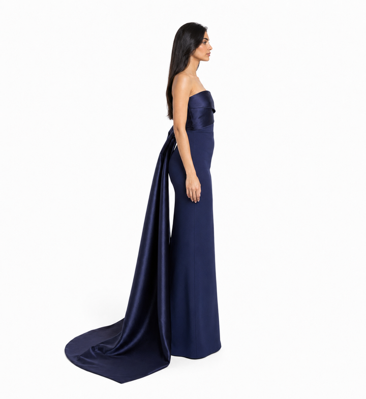 Strapless Satin Draped Train Maxi Dress – NAVELLA