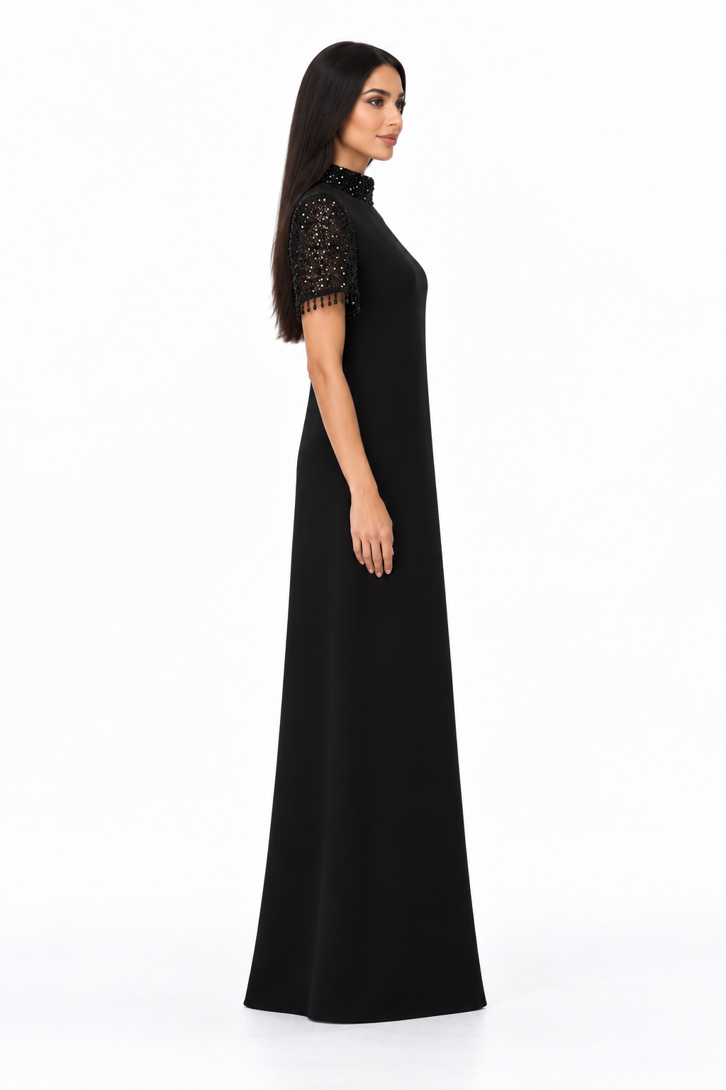 Embellished High Neck Short Sleeve Maxi Dress – Noirelle