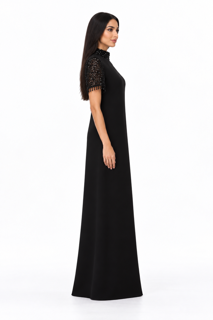 Embellished High Neck Short Sleeve Maxi Dress – Noirelle