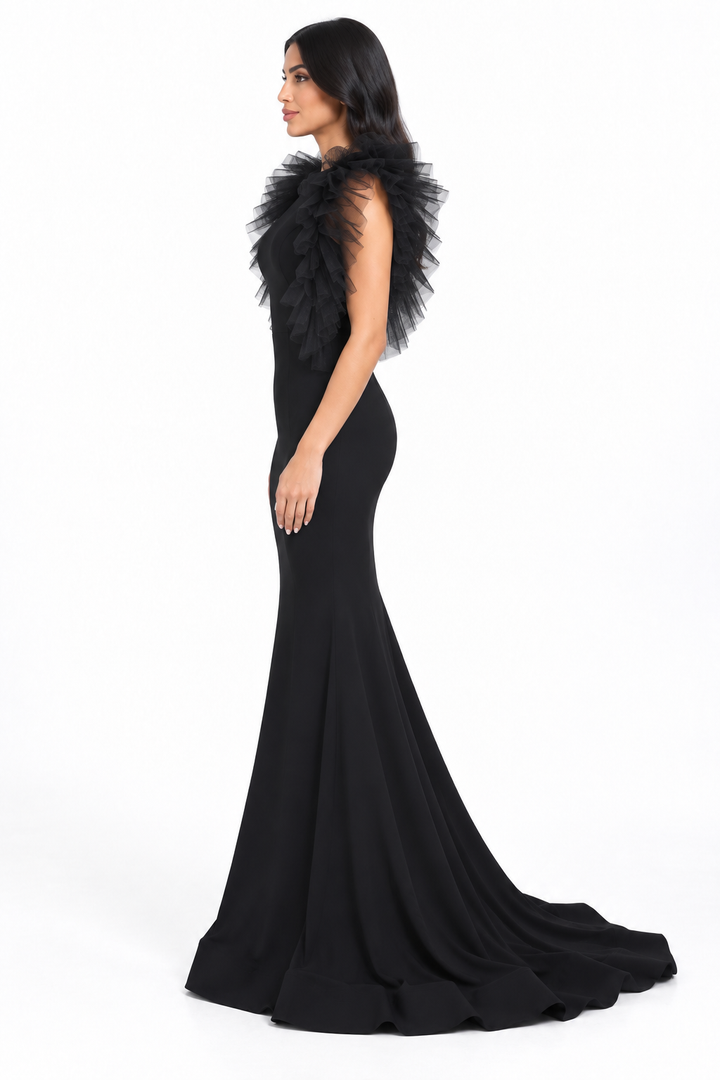 Ruffled Tulle Shoulder Fishtail Maxi Dress – Virella