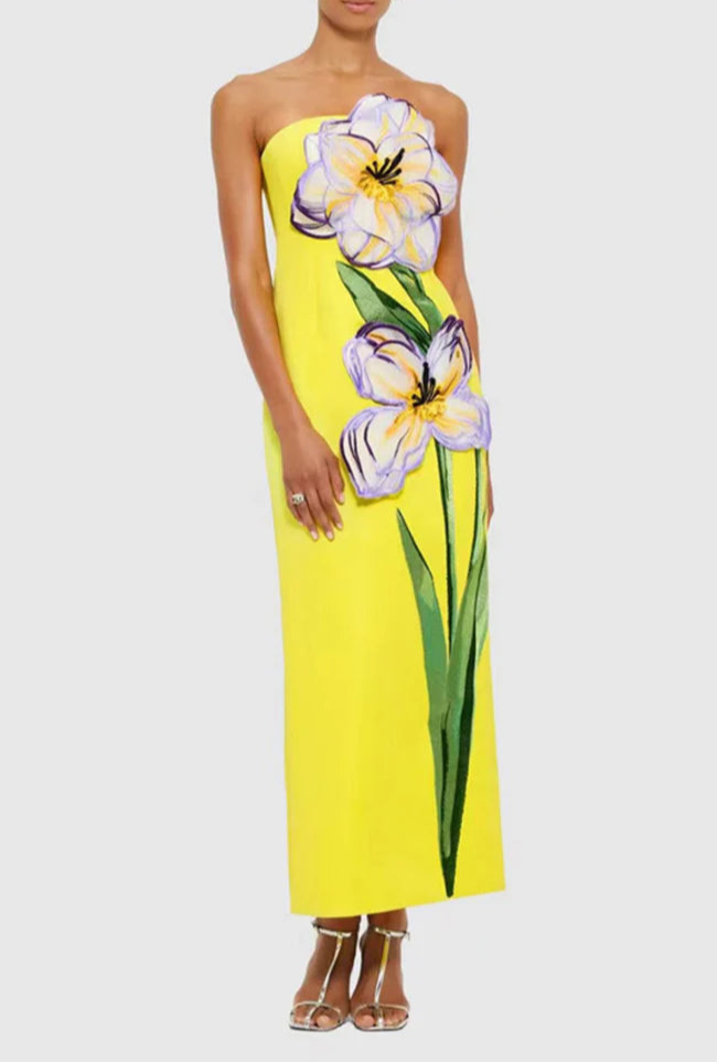 strapless column dress with floral applique – JARDINIZ